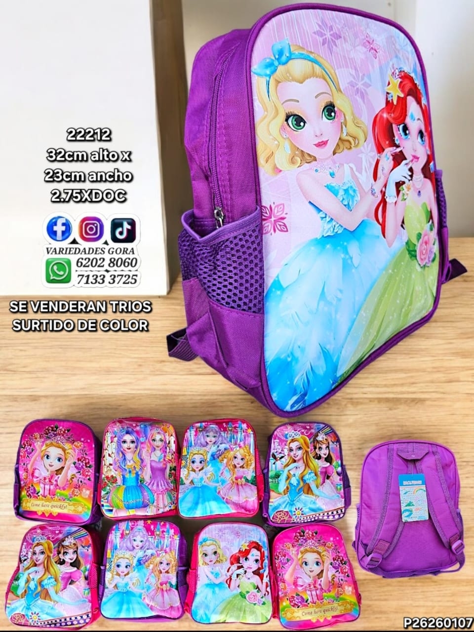 MOCHILA NIÑA PRINCESAS 32CM DE ALTO X 23CM DE ANCHO P26