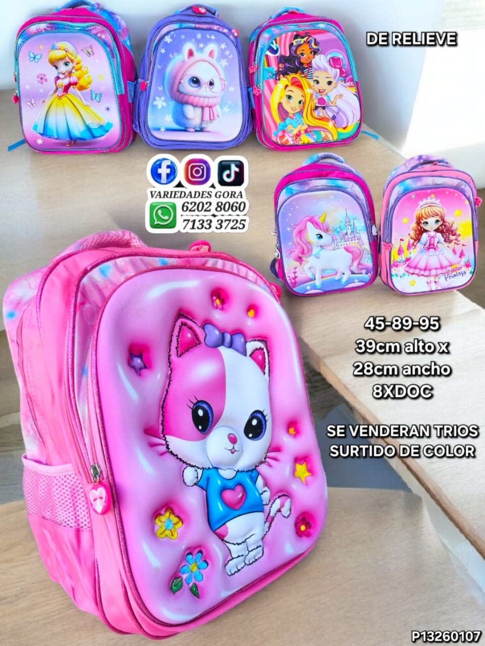 MOCHILA NIÑA RELIEVE ESTAMPADO SURTIDO 39CM DE ALTO X 28CM DE ANCHO P13