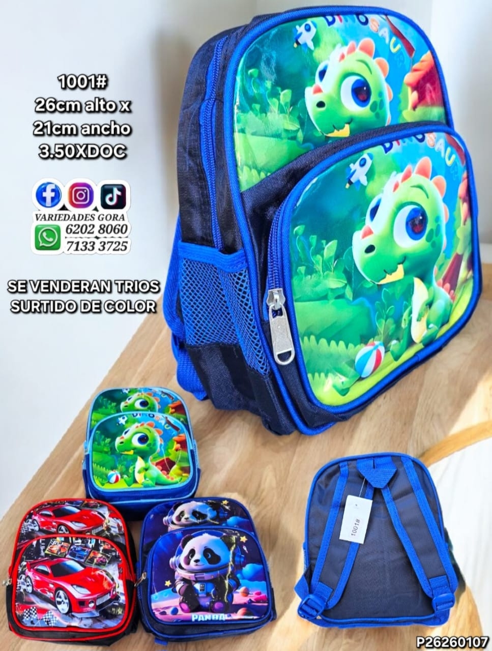 MOCHILA NIÑO ESTAMPADO DIFERENTE 26CM X 21CM DE ANCHO P26