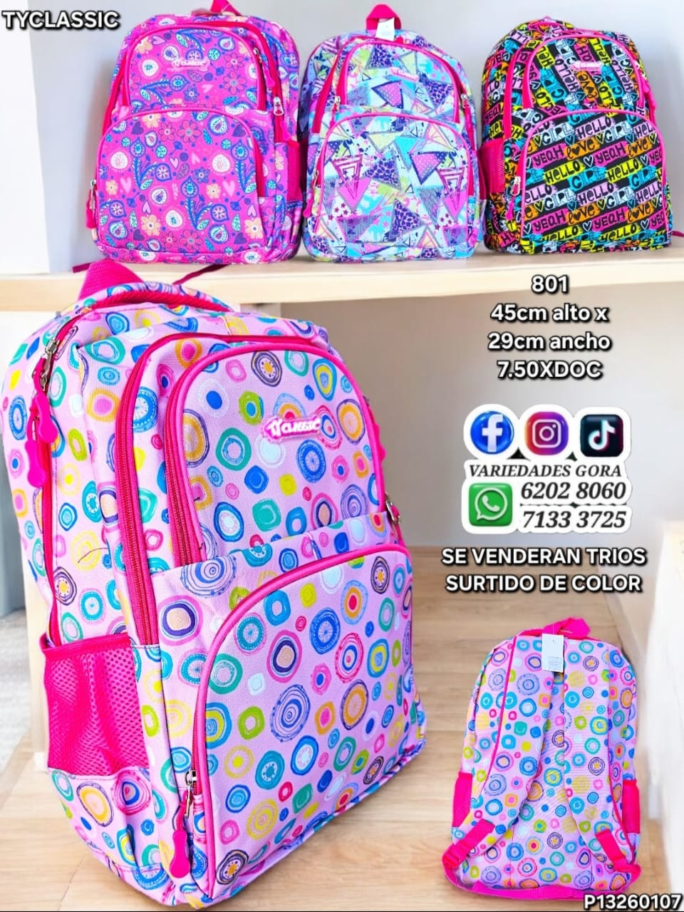 MOCHILA DAMA CLASSIC ESTAMPADO SURTIDO 45CM DE ALTO X 29CM DE ANCHO P13