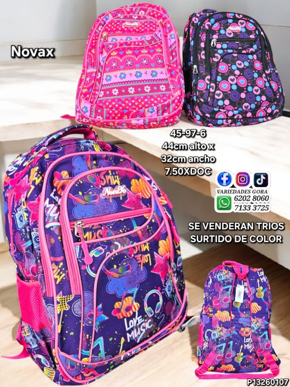 MOCHILA DAMA NOVAX ESTAMPADO SURTIDO 44CM DE ALTO X 32CM DE ANCHO P13