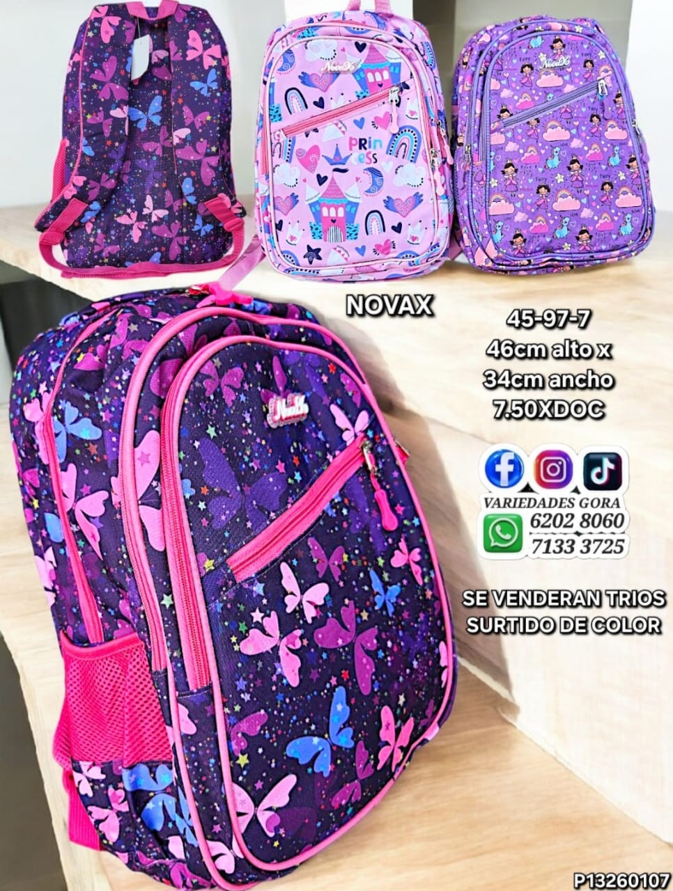 MOCHILA DAMA NOVAX ESTAMPADO SURTIDO 45CM DE ALTO X 34CM DE ANCHO P13
