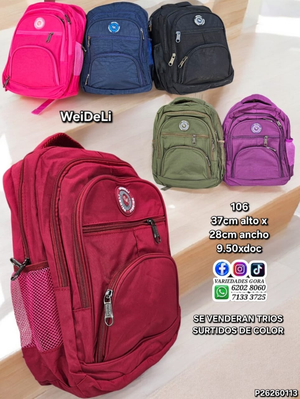 MOCHILA WEIDELI SURTIDO 37CM DE ALTO X 26CM DE ANCHO P26