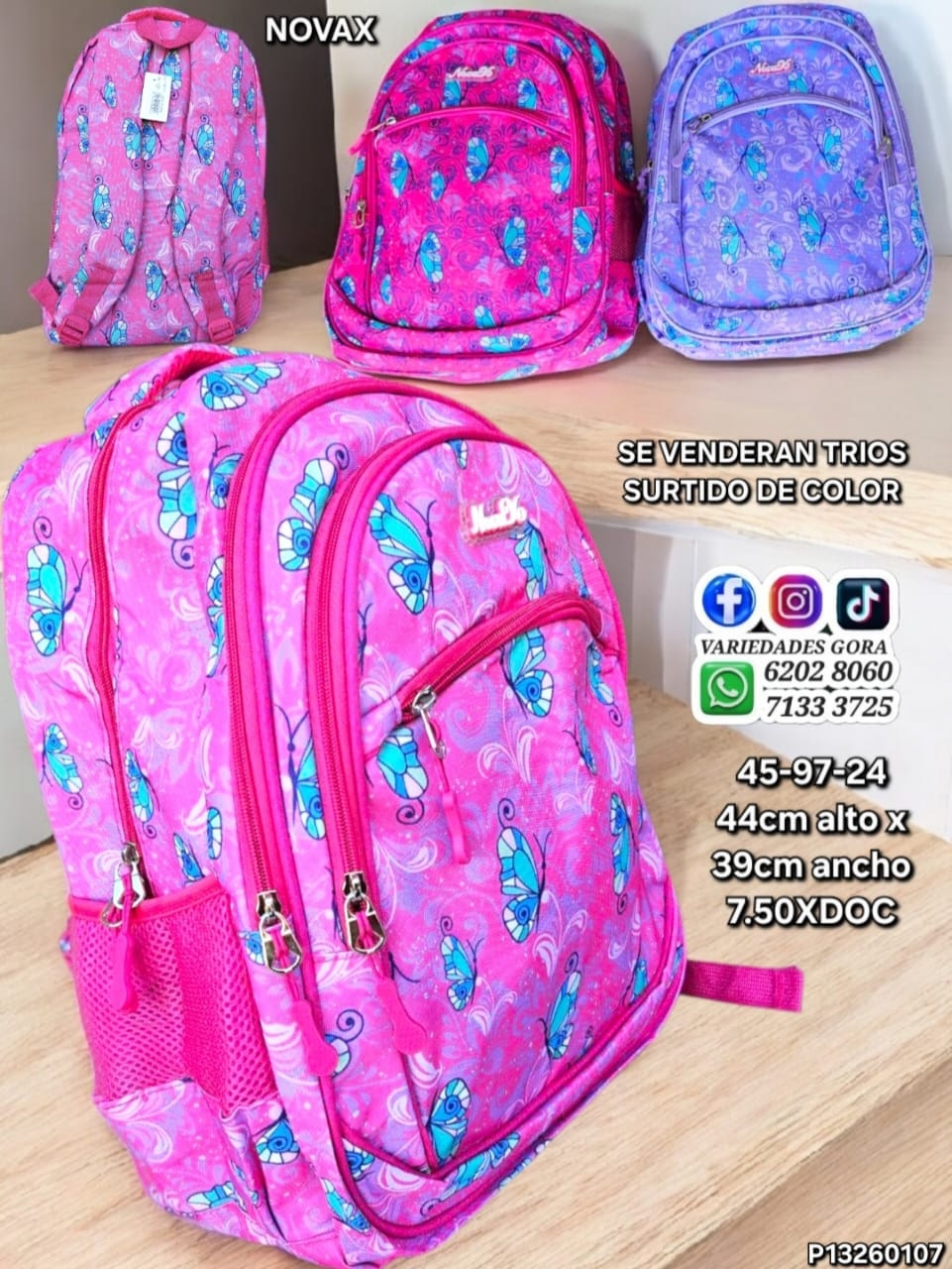 MOCHILA DAMA NOVAX ESTAMPADO SURTIDO 44CM DE ALTO X 39CM DE ANCHO P13