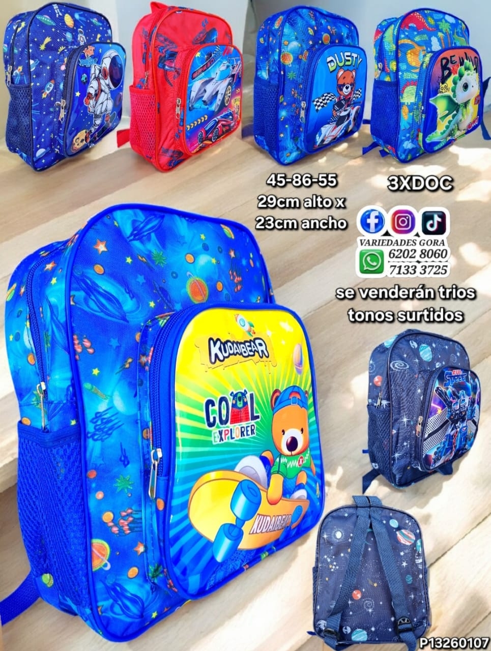 MOCHILA NIÑO ESTAMPADO SURTIDO 29CM DE ALTO X 23CM DE ANCHO P13 