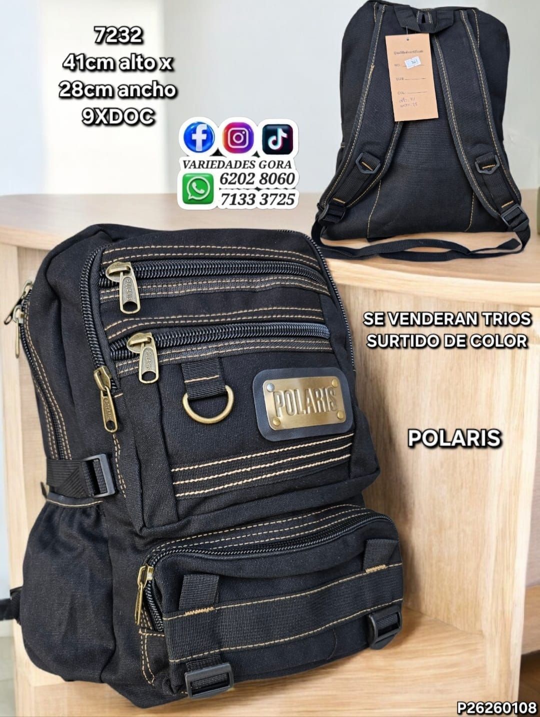 MOCHILA HOMBRE POLARIS NEGRA 41CM DE ALTO X 28CM DE ANCHO P26