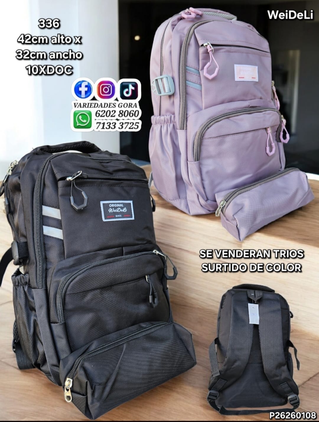 MOCHILA DAMA WEIDELI SURTIDO 42CM DE ALTO X 32CM DE ANCHO P26