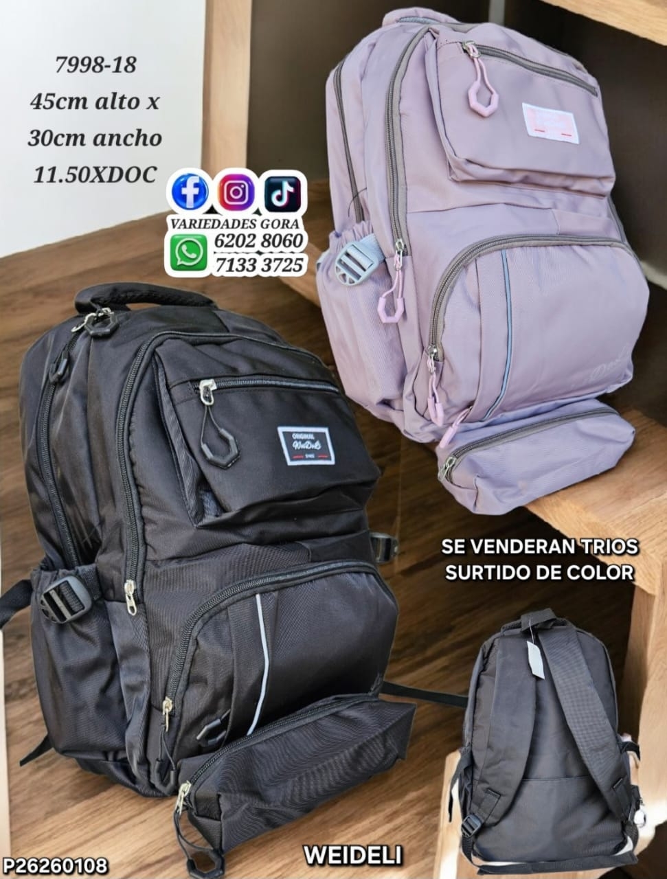 MOCHILA DAMA WEIDELI COLOR SURTIDO 45CM DE ALTO X 30CM DE ANCHO P26