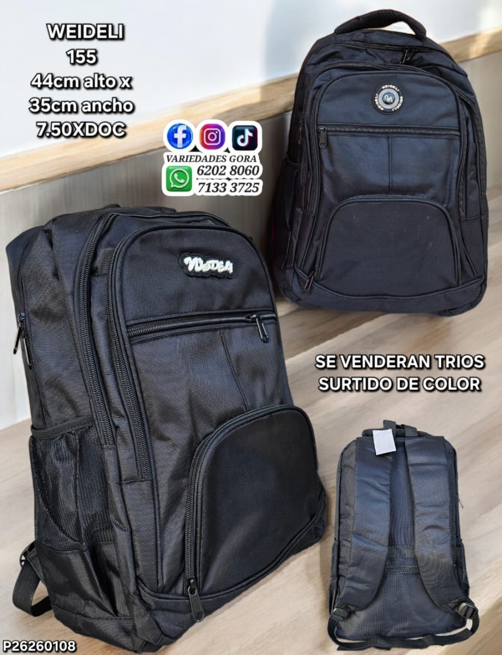 MOCHILA HOMBRE WEIDELI NEGRA 44CM DE LTO X 35CM DE ANCHO P26