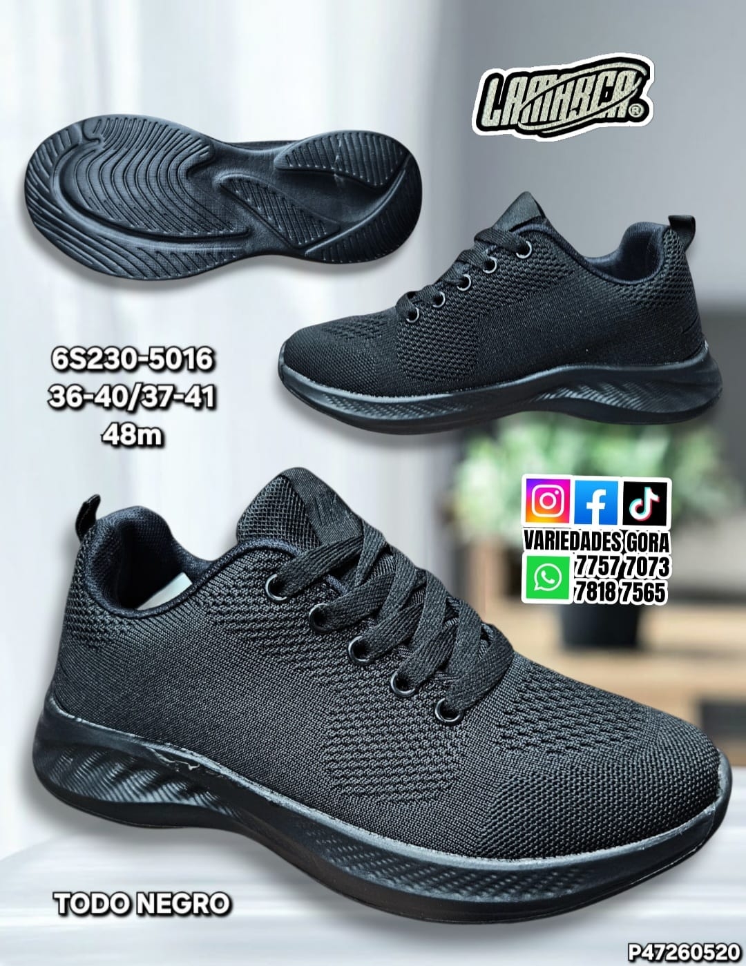 ZAPATO TENIS NEGRO HOMBRE 36-41 LA MARCA P47