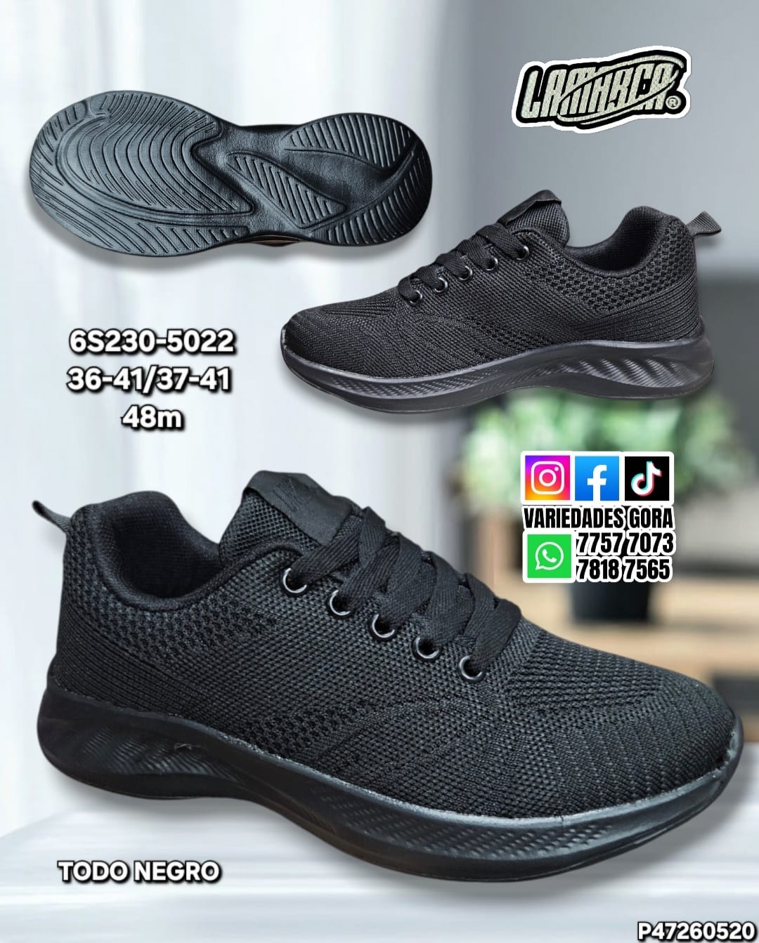 ZAPATO TENIS NEGRO HOMBFRE 36-41 LA MARCA P47